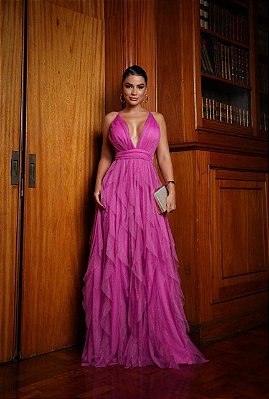 VESTIDO LONGO MICROTULLE LUREX CAMADAS VERTICAIS ALÇA FINA ROSA PINK