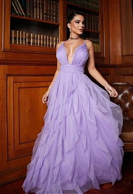 VESTIDO LONGO MICROTULLE LUREX CAMADAS VERTICAIS ALÇA FINA LILÁS