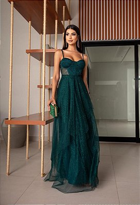 VESTIDO LONGO MICROTULE C/GLITTER ESTILO CORPET DETALHE TRANCINHA CINTURA VERDE ESMERALDA