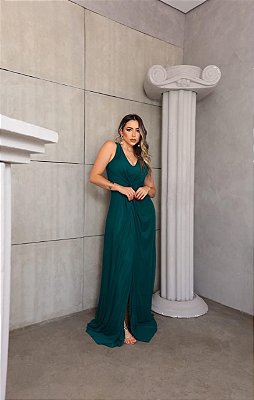 VESTIDO LONGO MICROTULE ALÇA LARGA DETALHE DRAPEADO BUSTO VERDE PETROLEO CA