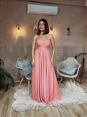 VESTIDO LONGO MICROTULE COM GLITTER TOMARA QUE CAIA DRAPEADO BUSTO ROSÊ BI