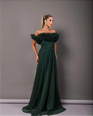 VESTIDO LONGO MICROTULE OMBRO A OMBRO C/DETALHE DE BABADO NO BUSTO VERDE OLIVA