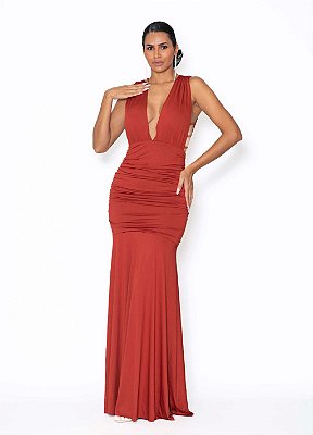 VESTIDO LONGO JERSEY COM ELASTANO RECORTE NAS LATERAIS TERRA COTA
