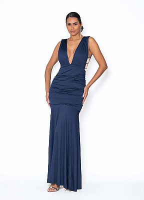 VESTIDO LONGO JERSEY COM ELASTANO RECORTE NAS LATERAIS AZUL MARINHO