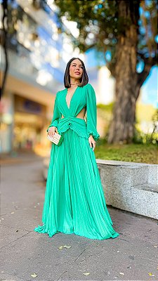 VESTIDO LONGO CHIFFON M/L BUSTO V ABERTURA LATERAIS COSTAS VAZADA PLISSADA C/ BABADO VERDE BANDEIRA