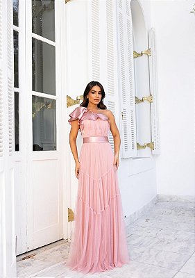 VESTIDO LONGO MICROTULE COM CETIM UM OMBRO SÓ SAIA EM CAMADAS ROSE
