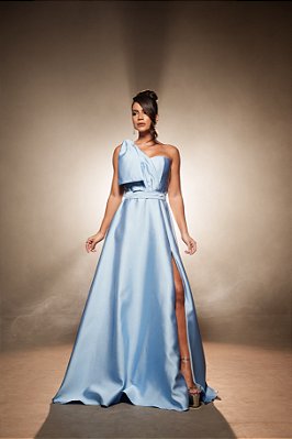VESTIDO LONGO ZIBELINE UM OMBRO SÓ C/LAÇO REMOVÍVEL CINTO FENDA LATERAL AZUL SERENITY