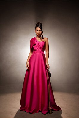 VESTIDO LONGO ZIBELINE UM OMBRO SÓ C/LAÇO REMOVÍVEL CINTO FENDA LATERAL PINK