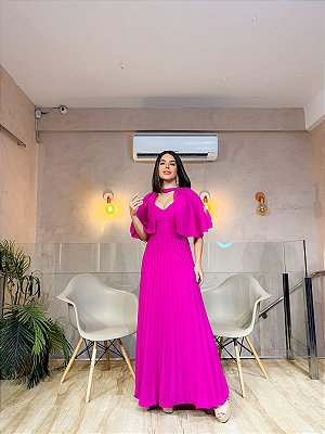 VESTIDO LONGO CREPE SAIA PLISSADA COM OMBREIRA REMOVÍVEL FUCSIA