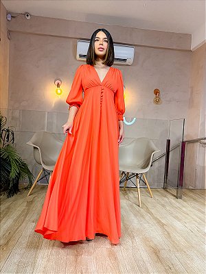 VESTIDO LONGO CREPE DE SEDA MANGA LONGA DETALHE BOTÕES CORAL
