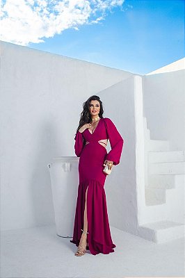 VESTIDO LONGO CHIFFON M/L DECOTE V C/VAZADO CINTURA E COSTAS FENDA LATERAL FUCSIA