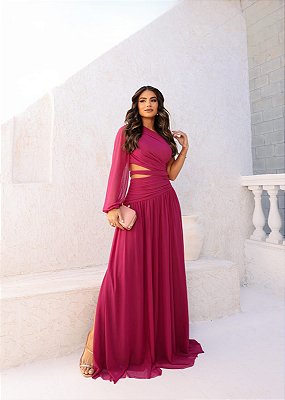 VESTIDO LONGO MICOTULE UM OMBRO SÓ MANGA LONGA VAZADO LATERAL FUCSIA