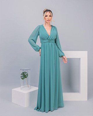 VESTIDO LONGO CHIFFON MANGA LONGA DECOTE TRANSPASSADO COM DETALHE BUSTO  FENDA LATERAL VERDE