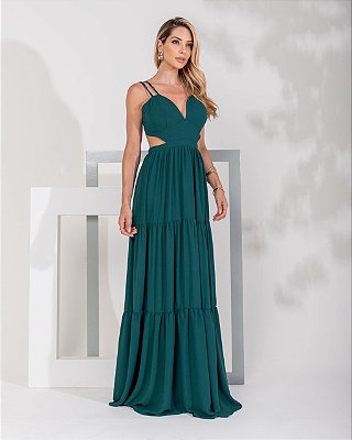 VESTIDO LONGO CHIFFON ALÇA DUPLA RECORTE NAS LATERAIS SAIA EM CAMADAS VERDE ESMERALDA