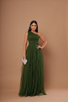 VESTIDO LONGO MICROTULE UM OMBRO SÓ PALA CINTURA SAIA EM CAMADAS VERTICAIS VERDE MUSGO