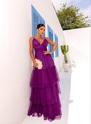 VESTIDO LONGO MICROTULE COM BRILHO BUSTO EM V DETALHE DRAPEADO ALCINHA SAIA BABADO ROXO