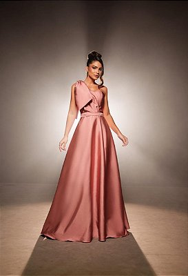 VESTIDO LONGO ZIBELINE UM OMBRO SÓ C/LAÇO REMOVÍVEL CINTO FENDA LATERAL ROSÊ