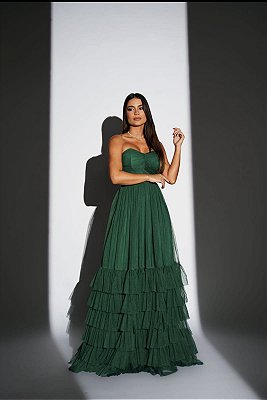 VESTIDO LONGO MICROTULE C/ GLITTER TOMARA QUE CAIA COM AMARRAÇÃO SAIA COM BABADOS  VERDE PETROLEO