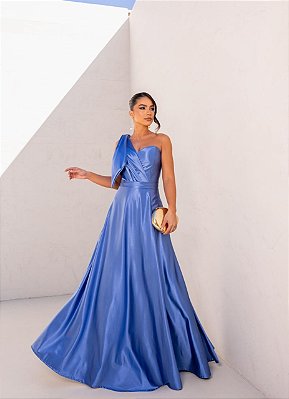 VESTIDO LONGO PRADA COM ELASTANO UM OMBRO SÓ C/LAÇO REMOVÍVEL CINTO FENDA LATERAL AZUL