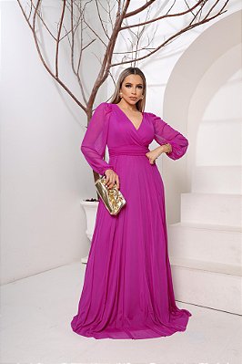 VESTIDO LONGO MICROTULE MANGA LONGA PALA BUSTO DECOTE V PINK
