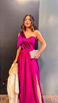 VESTIDO LONGO PRADA COM ELASTANO UM OMBRO SÓ C/LAÇO REMOVÍVEL CINTO FENDA LATERAL FUCSIA