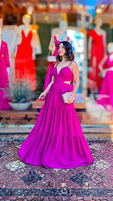 VESTIDO LONGO CHIFFON ALÇA DUPLA RECORTE NAS LATERAIS SAIA EM CAMADAS FUCSIA