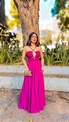 VESTIDO LONGO CHIFFON VAZADO NAS LATERIAS COM AMARRAÇÃO FUCSIA