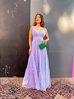 VESTIDO LONGO MICROTULE  PALA CINTURA ALÇA FINA DECOTE V SAIA EM CAMADAS LILÁS