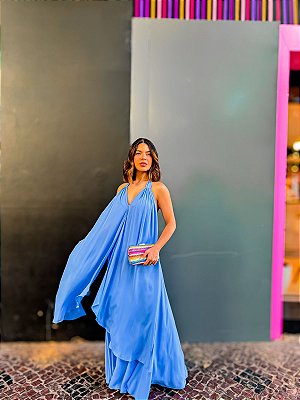 VESTIDO LONGO CREPE DE SEDA MULLET MIL FORMAS AZUL SERENITY