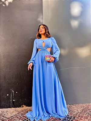 VESTIDO LONGO CHIFFON DECOTE GOTA MANGA LONGA VAZADO CINTURA AZUL SERENITY