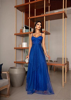 VESTIDO LONGO MICROTULE C/GLITTER ESTILO CORPET DETALHE TRANCINHA CINTURA AZUL ROYAL