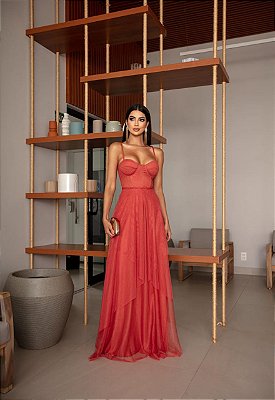 VESTIDO LONGO MICROTULE C/GLITTER ESTILO CORPET DETALHE TRANCINHA CINTURA TERRA COTA