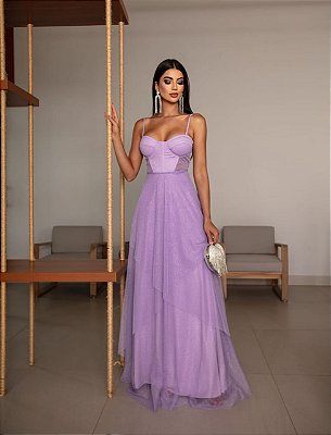 VESTIDO LONGO MICROTULE C/GLITTER ESTILO CORPET DETALHE TRANCINHA CINTURA LILÁS