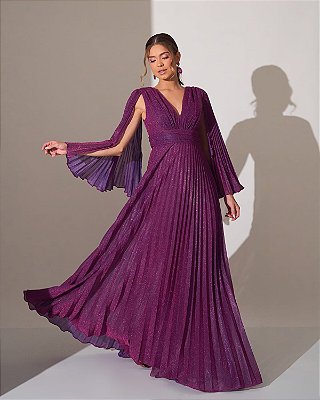 VESTIDO LONGO LUREX  MANGA CAPA TODO PLISSADO FUCSIA