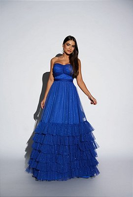 VESTIDO LONGO MICROTULE COM GLITTER TOMARA QUE CAIA COM AMARRAÇÃO SAIA COM BABADOS AZUL ROYAL