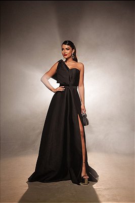 VESTIDO LONGO ZIBELINE UM OMBRO SÓ C/LAÇO REMOVÍVEL CINTO FENDA LATERAL PRETO
