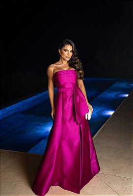 VESTIDO LONGO ZIBELINE ESTRUTURADO TOMARA QUE CAIA LAÇO PINK