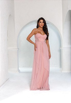 VESTIDO LONGO MICROTULE ESTILO CORPET DETALHE TRANCINHA CINTURA ROSÊ