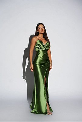 VESTIDO LONGO PRADA ALÇA FINA COM BRILHO DETALHE BUSTO FENDA LATERAL VERDE OLIVA