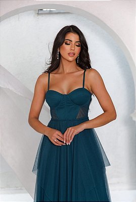 VESTIDO LONGO MICROTULE ESTILO CORPET DETALHE TRANCINHA CINTURA VERDE PETROLEO