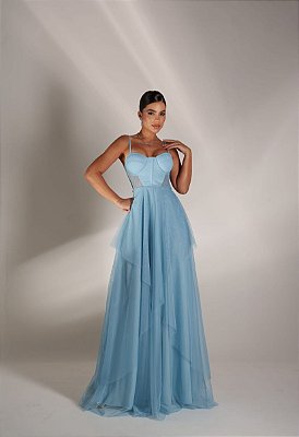 VESTIDO LONGO MICROTULE ESTILO CORPET DETALHE TRANCINHA CINTURA AZUL SERENITY