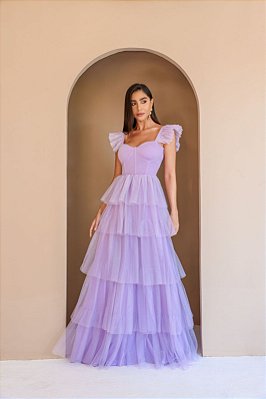 VESTIDO LONGO MICROTULE ESTILO CORPETE SAIA E ALÇA COM DETALHE EM CAMADAS LILÁS DOT