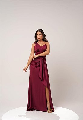 VESTIDO LONGO JERSEY COM ELASTANO UM OMBRO SÓ DETALHE COM FENDA LATERAL MARSALA