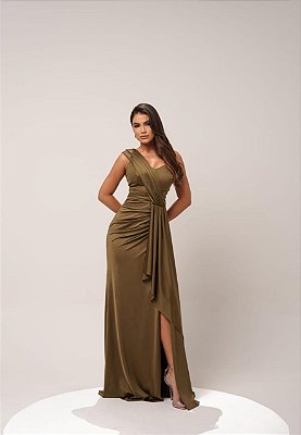 VESTIDO LONGO JERSEY COM ELASTANO UM OMBRO SÓ DETALHE COM FENDA LATERAL VERDE MUSGO