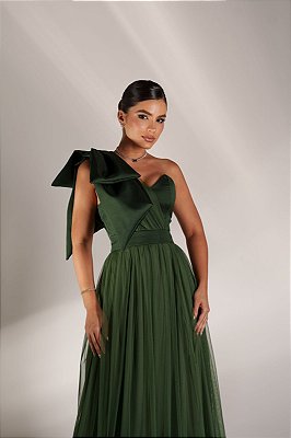 VESTIDO LONGO MICROTULE C/ACETINADO ESTILO CORPET VERDE ESMERALDA
