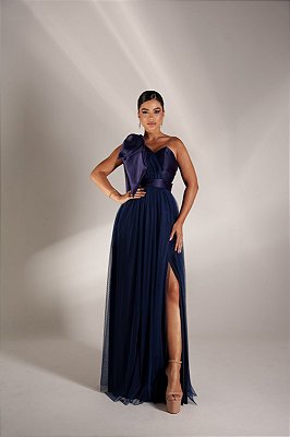 VESTIDO LONGO MICROTULE C/ACETINADO ESTILO CORPET AZUL MARINHO