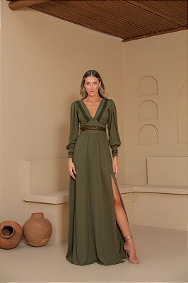 VESTIDO LONGO CHIFFON COM DETALHES EM RENDA MANGA LONGA VERDE MILITAR