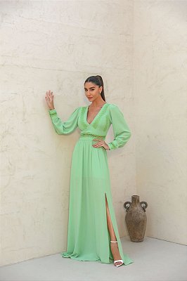 VESTIDO LONGO CHIFFON COM DETALHES EM RENDA MANGA LONGA VERDE
