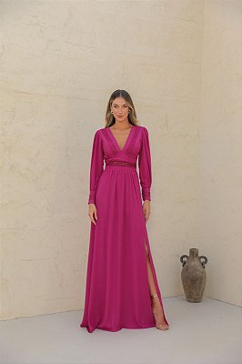 VESTIDO LONGO CHIFFON COM DETALHES EM RENDA MANGA LONGA FUCSIA