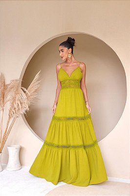 VESTIDO LONGO CREPE COM ELASTANO DETALHES EM RENDA ALÇA FINA VERDE